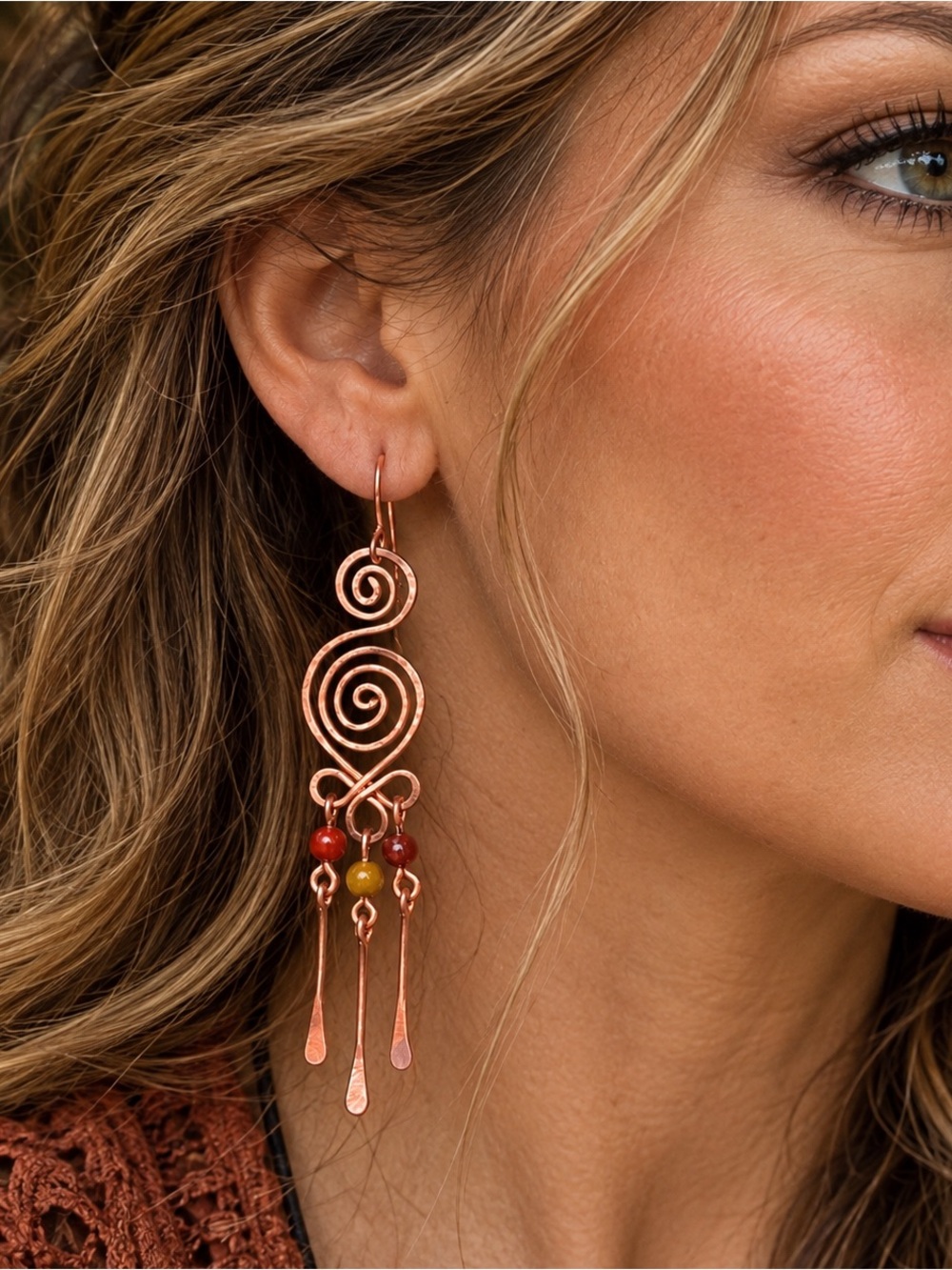 Genuine Mookaite And Elegant Spiral Copper Earrings Artisan Made